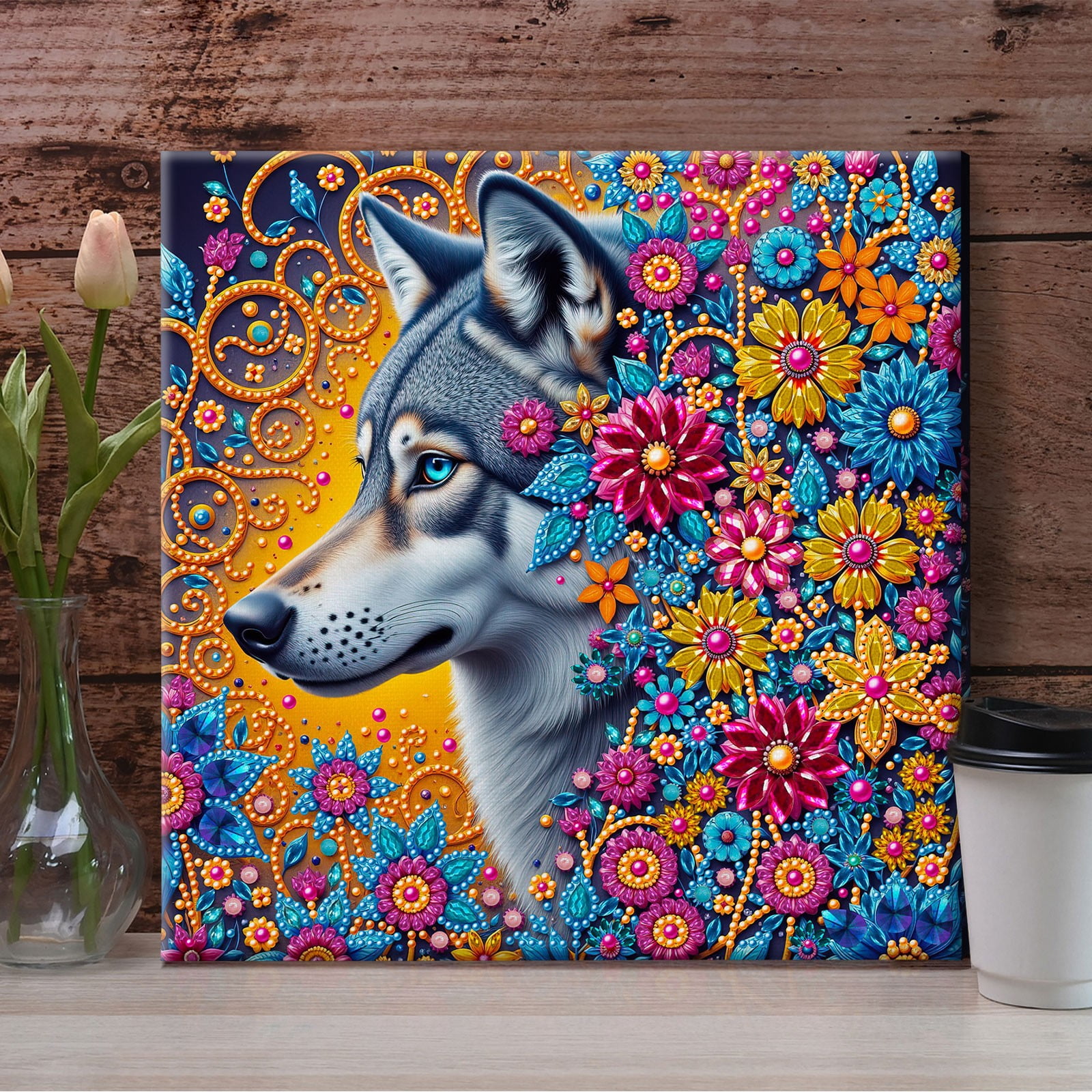 FLOPESN DIY Pearl Painting Kit with Wood Frame, 11.42x11.42 Inch Home Wall Art Decor, Mindful Adult Craft for Stress Relief and Relaxation-Wolf