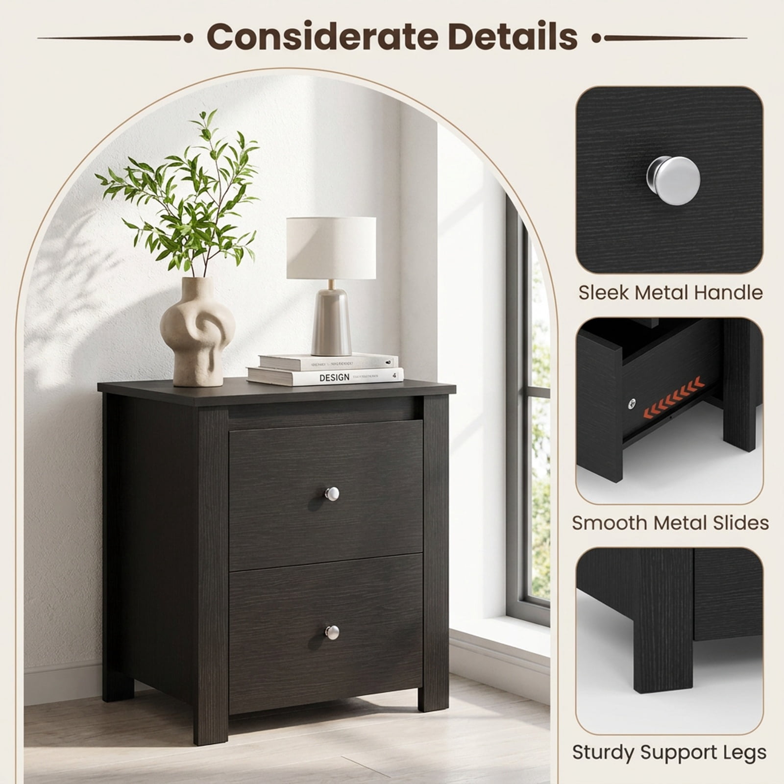 Furnibear Nightstand with 2 Drawers & Storage for Bedroom Living Room Small Spaces for Bedroom Living Room Bedside Sofa Side Small Space, Black