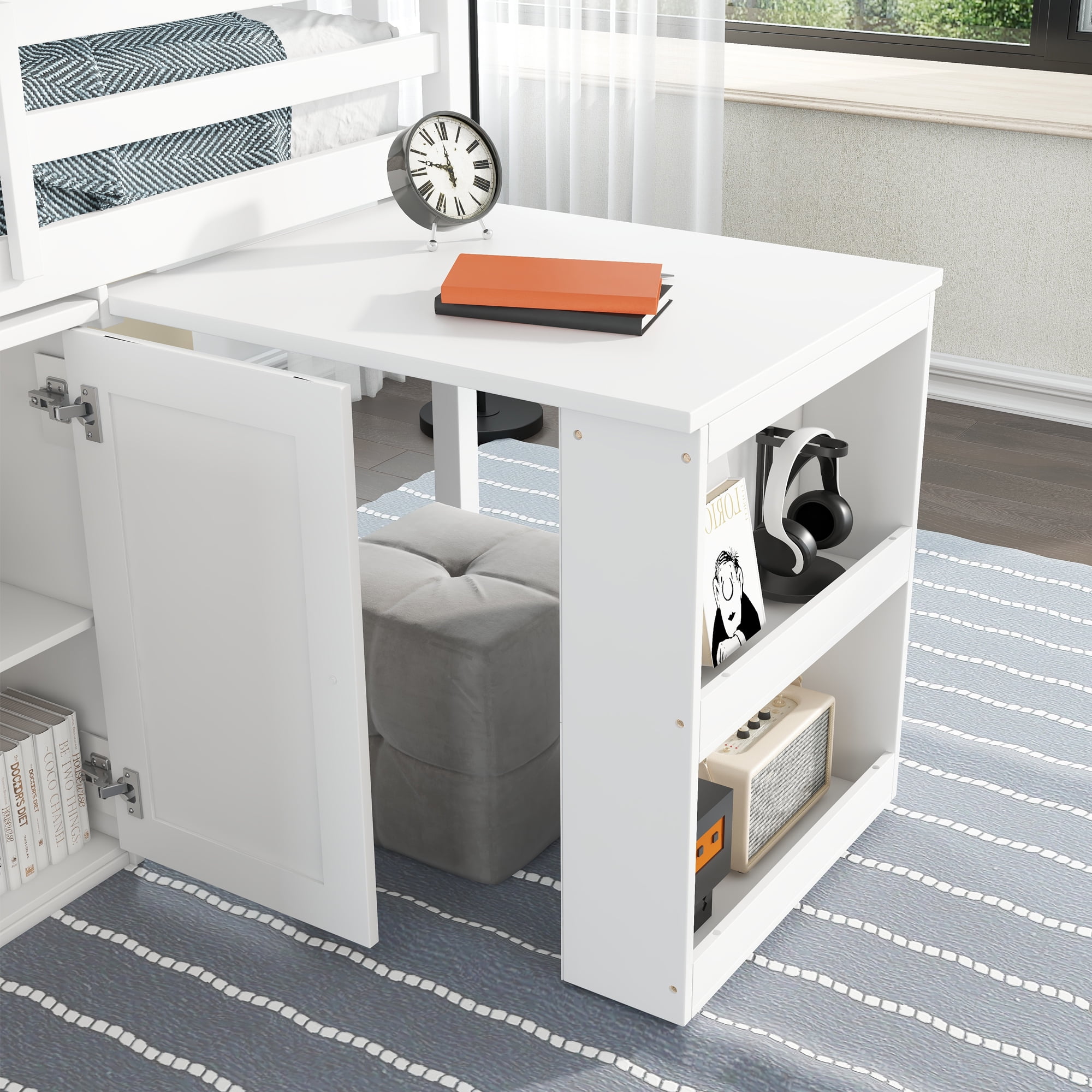 Euroco Wood Twin Size Loft Bed with Drawers and Cabinets, Pulling Out Desk and Shelves, White