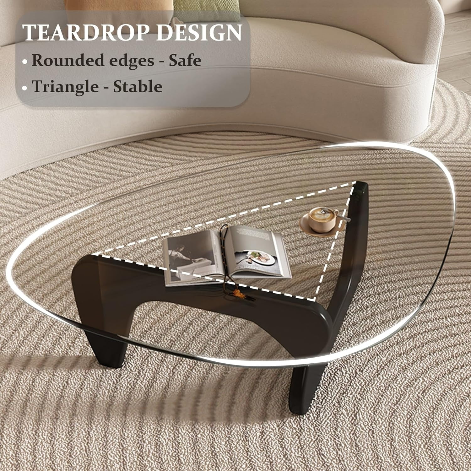 FORU Modern Glass Coffee Table, 32.68" D x 22.44" W x 15.75" H, Abstract Round Tea Tables for Living Room Home Office Industrial Cocktail Tables (Black-transparent Glass, 32.68")