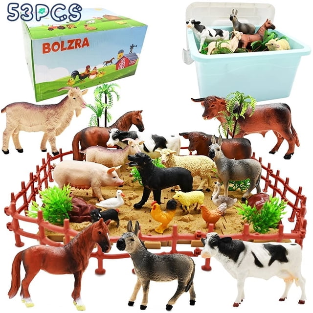 Figuras de animales de granja, juguetes BOLZRA, 53 unidades, con vallas, tierra, rompecabezas