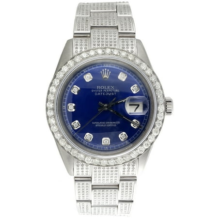 Mens Rolex 36mm DateJust Diamond Watch Fully Iced Band Custom Blue Dial 5.10 CT.