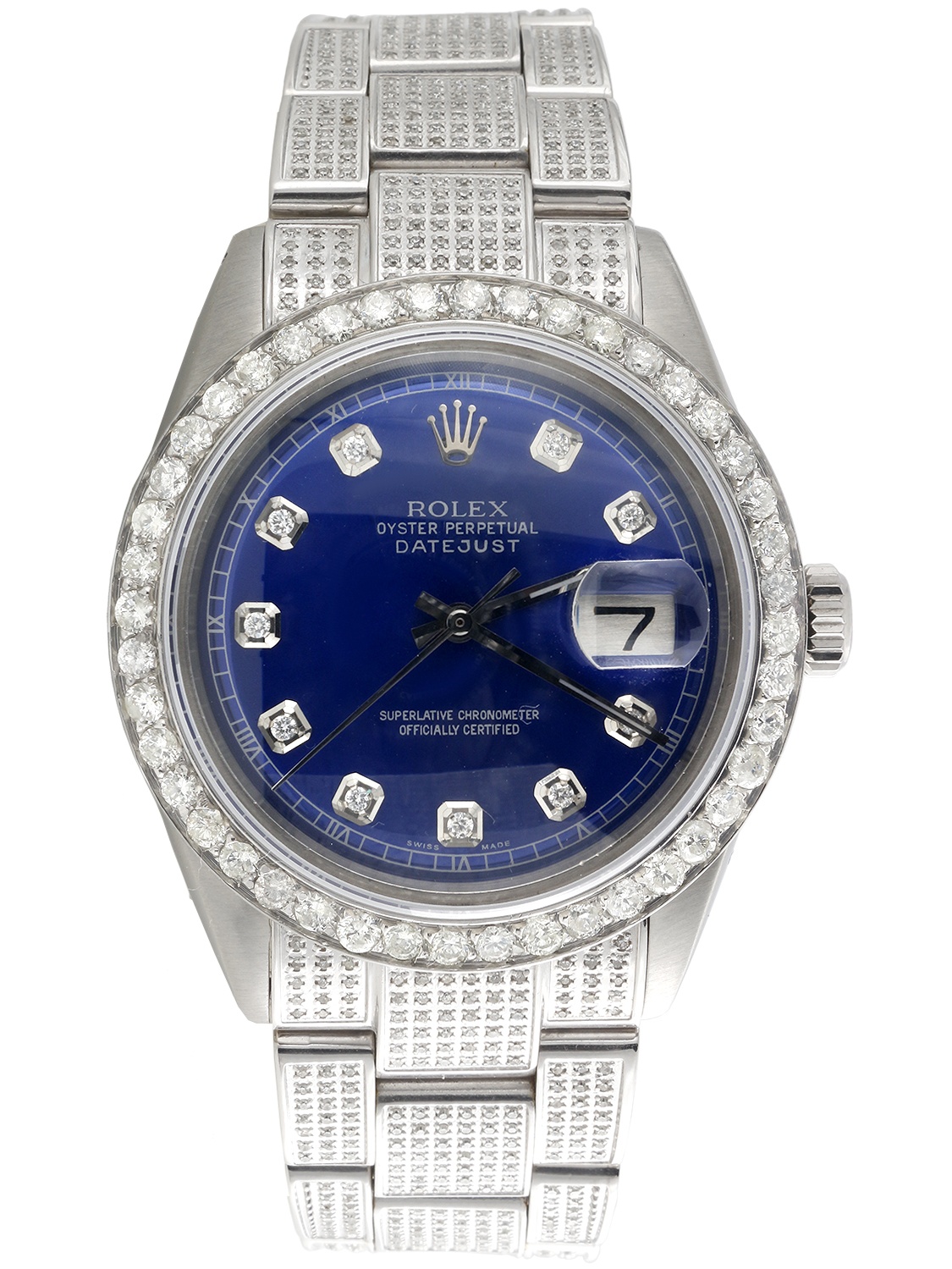 Mens Rolex 36mm DateJust Diamond Watch Fully Iced Band Custom Blue Dial 5.10 CT. - image 1 of 8