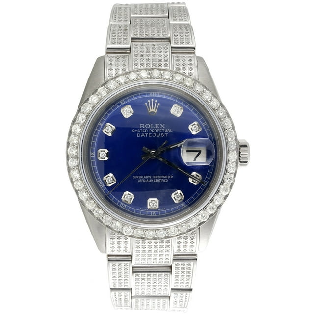 Mens Rolex 36mm DateJust Diamond Watch Fully Iced Band Custom Blue Dial 5.10 CT.