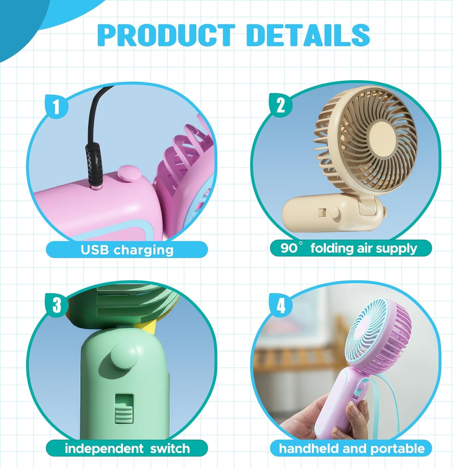 QearFun Portable Handheld Fan, Hand Fan with USB Rechargeable Battery, Mini Electric Pocket Fan with Foldable Design for Desktop, Home,Office, Small Hand Held Fan for Travel and Outdoor-Pink