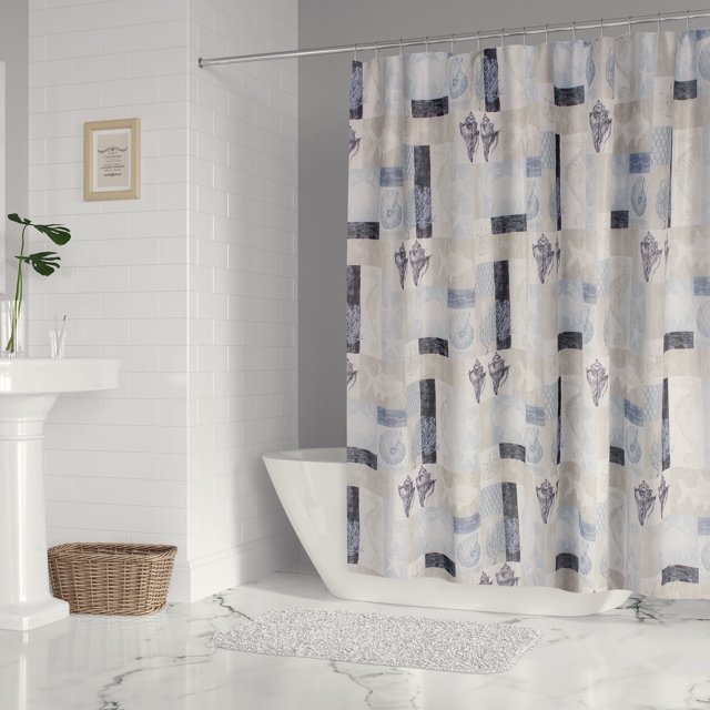 Levtex Home - Cerralvo - Cortina de ducha (183 x 183 cm) con ojales - Patchwork costero - Gris topo, crema, azul marino y azul