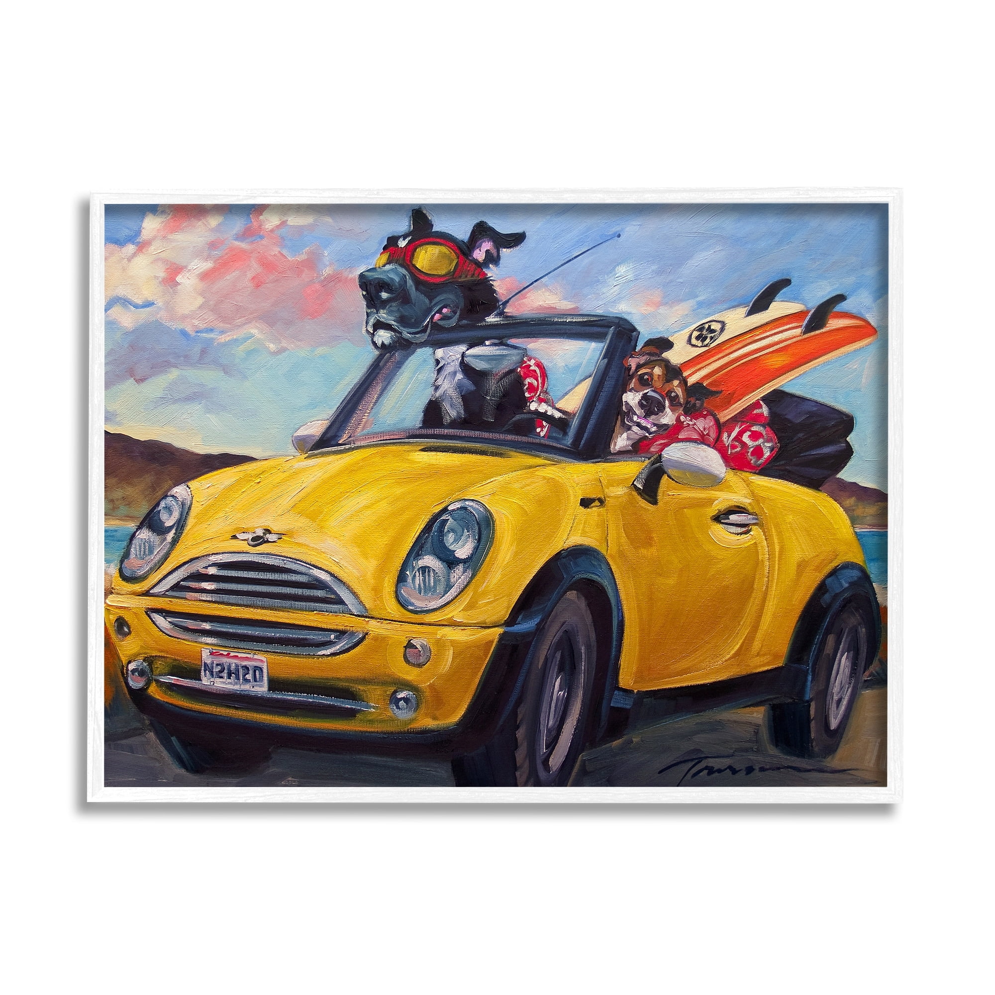 Stupell Industries Pet Dogs Yellow Convertible Surfboard Beach Car, 14 x 11,Design by CR Townsend