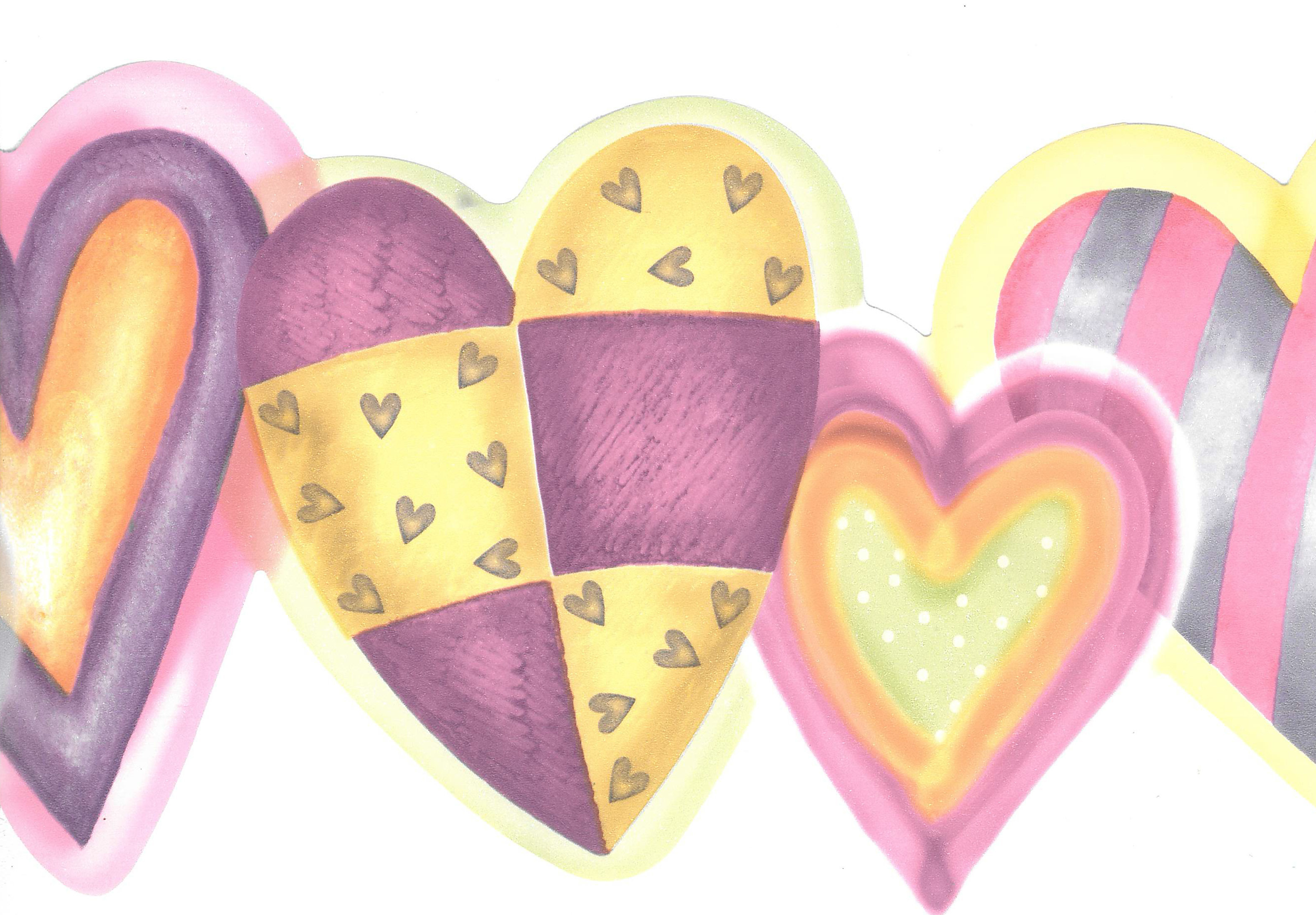 Dundee Deco Prepasted Wallpaper Border - Kids Yellow Pink Purple Hearts Scalloped, 15 ft x 5.5 in