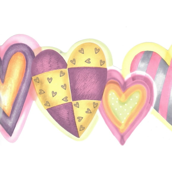 Prepasted Wallpaper Border - Kids Yellow, Pink, Purple Hearts Scalloped Wall Border Retro Design, 15 ft x 5.5 in (4.57m x 13.97cm)