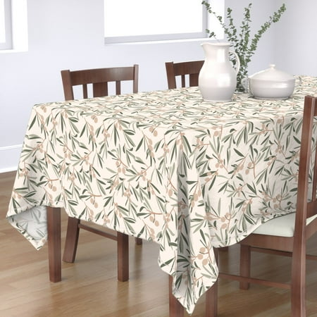 

Cotton Sateen Tablecloth 90 Square - Neutral Olives Beige Sage Green Natural Organic Modern Mediterranean Botanicals Olive Leaves Print Custom Table Linens by Spoonflower