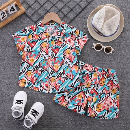 

Toddler Boys Outfit Sets Short Sleeve Shirt Tops Print Shorts Pants Suit Set Two-Piece