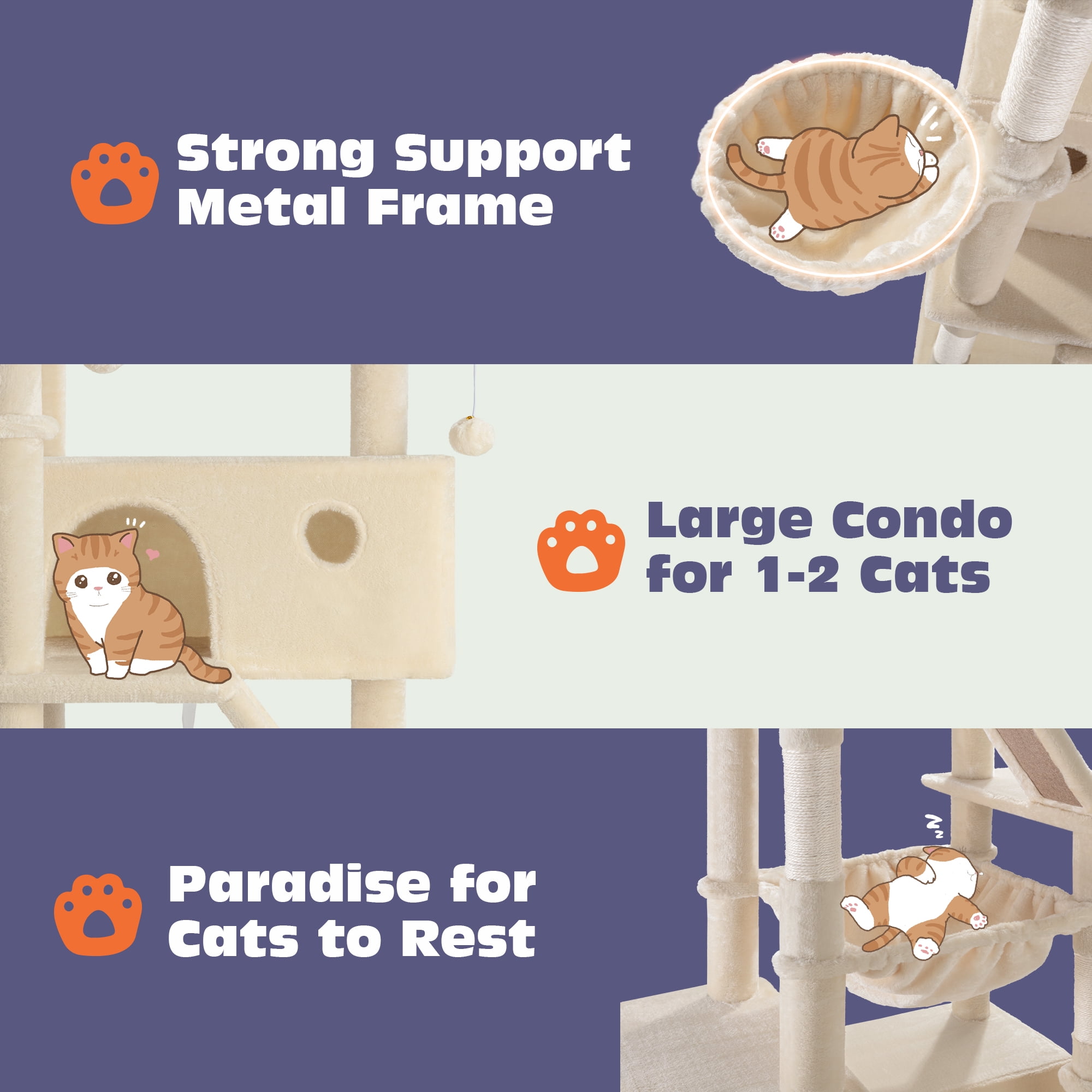 Sifurni 81" Multi-Level Tall Cat Tree Tower for Large Cat with Cat Condo and Hammock, Scratching Post & Scratching Ramp, Beige