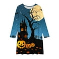 thumbnail image 3 of Odeerbi Teen Girls Long Sleeve Halloween Dress Swing A Line Dress 4-14 Years Children Halloween Printed Round Neck Princess Dress Blue, 3 of 4