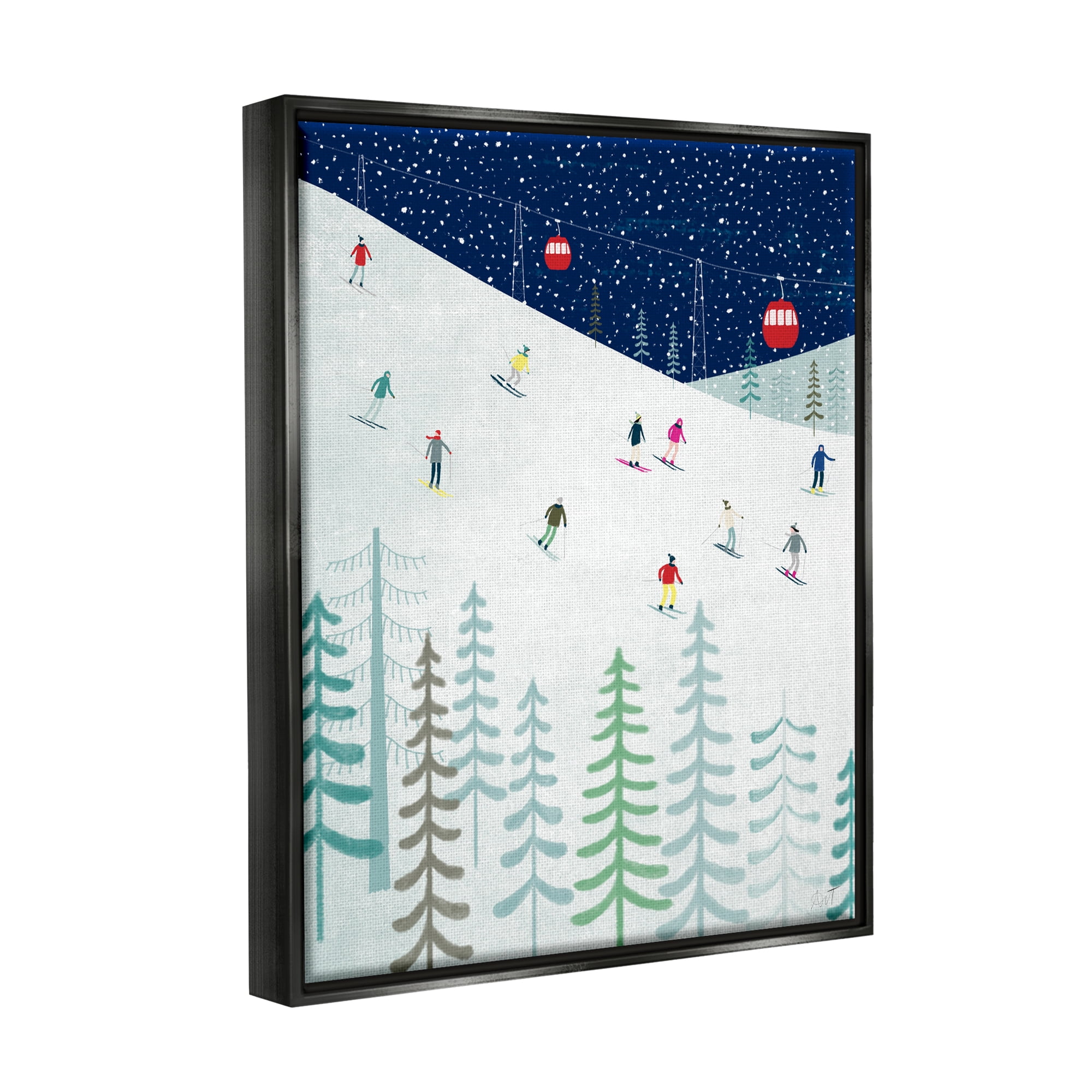 Stupell Industries Skiing Night Sky Winter Slopes Holiday Painting Black Floater Framed Art Print Wall Art
