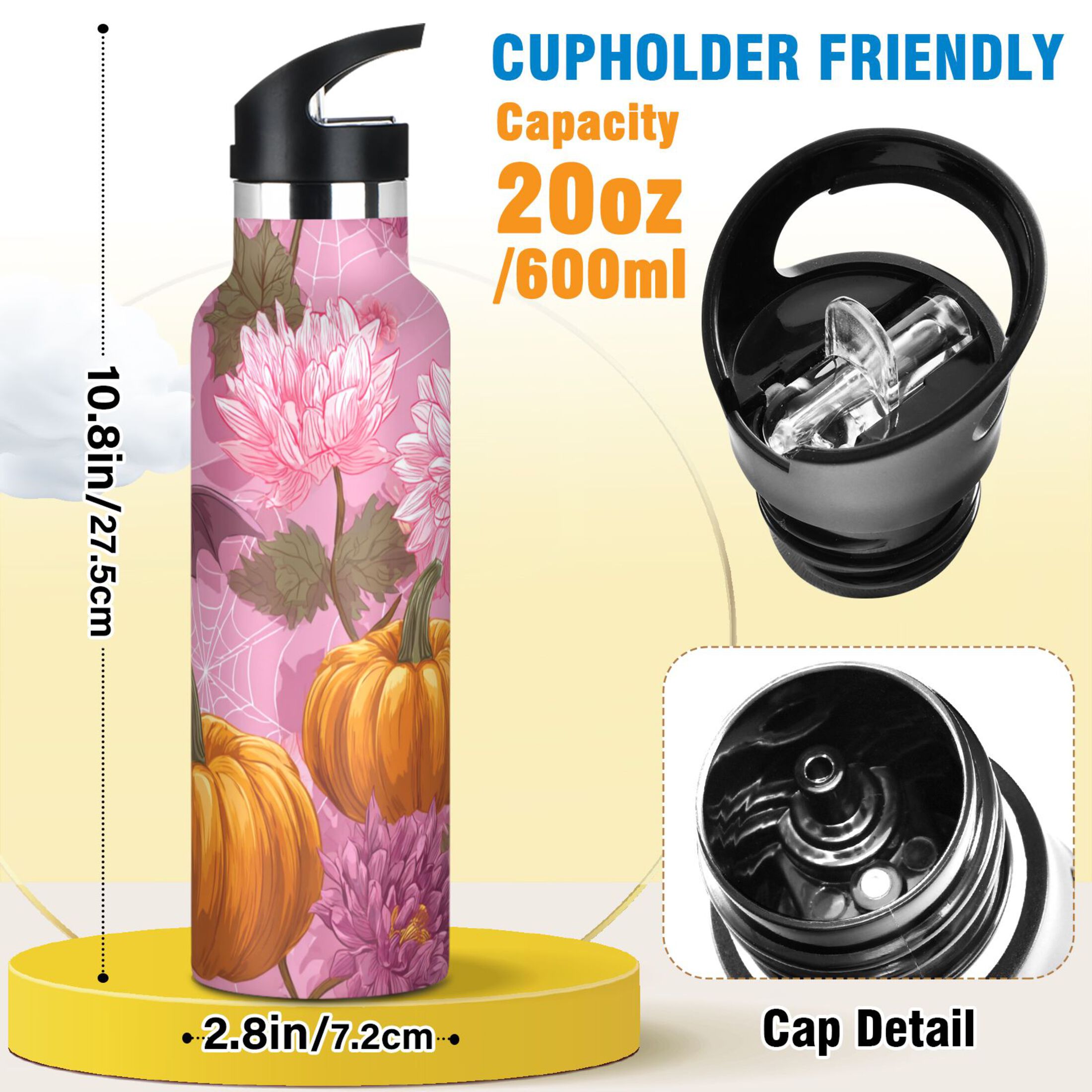 Kids Insulated Stainless Steel Sports Water Bottle 600ml (20oz) Halloween Pumpkins and Bats