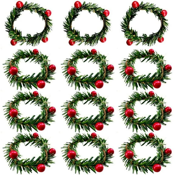 Dalrosia 12PCS Christmas Napkin Rings Christmas Napkin Holder Holly Berry Candle Wreath for Banquet Table Decorations