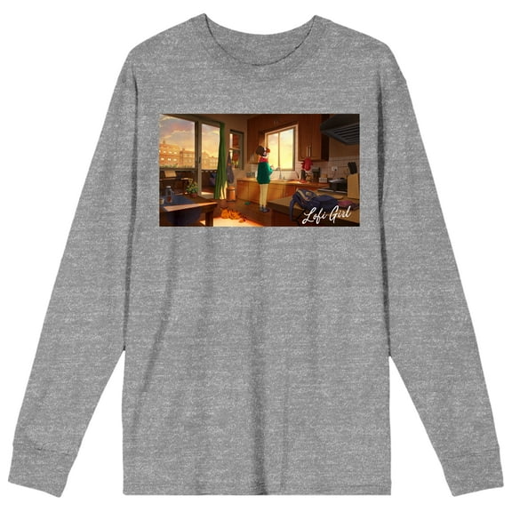 LOFI Girl Coffee Time Crew Neck Long Sleeve Gray Heather Adult Tee-Medium