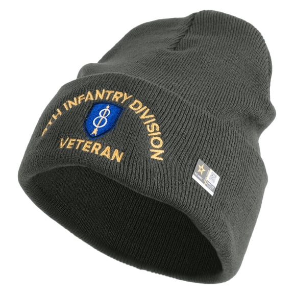 U.S. Army 8th Infantry Division Logo Embroidered 12 Inch Solid Knit Cuff Long Beanie Made in USA - Charcoal OSFM