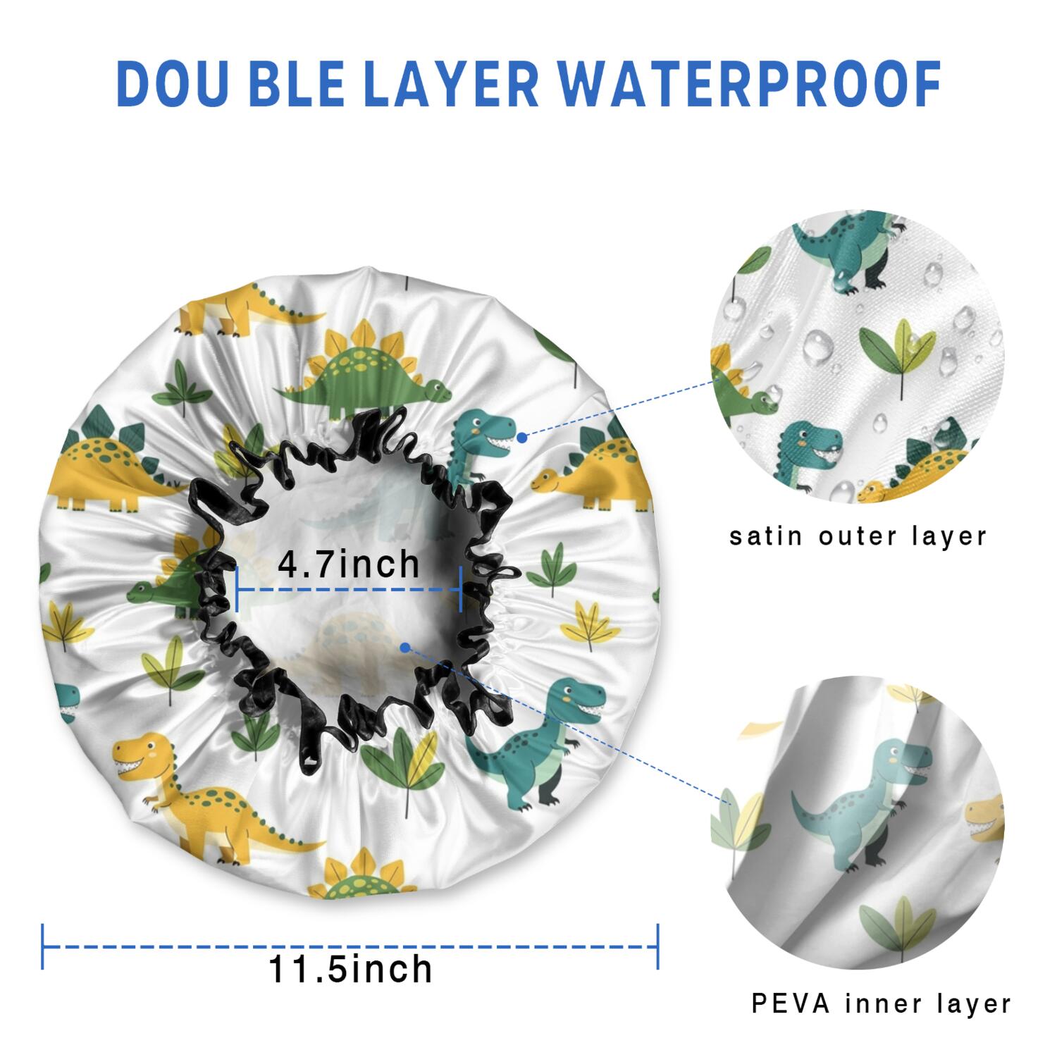 Shower Caps,White Dinosaurs Leaves Pattern Waterproof Shower Cap for Women 4 Pieces,Double Reusable Hair Cover for Shower PEVA Elastic Stretch Hem
