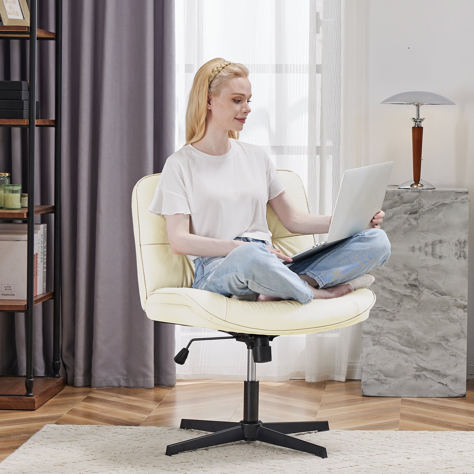 GIANNA Armless Office Chair without Wheels - Adjustable Swivel, Cross Legged Design, Wide Seat, Ergonomic PU Leather, Beige