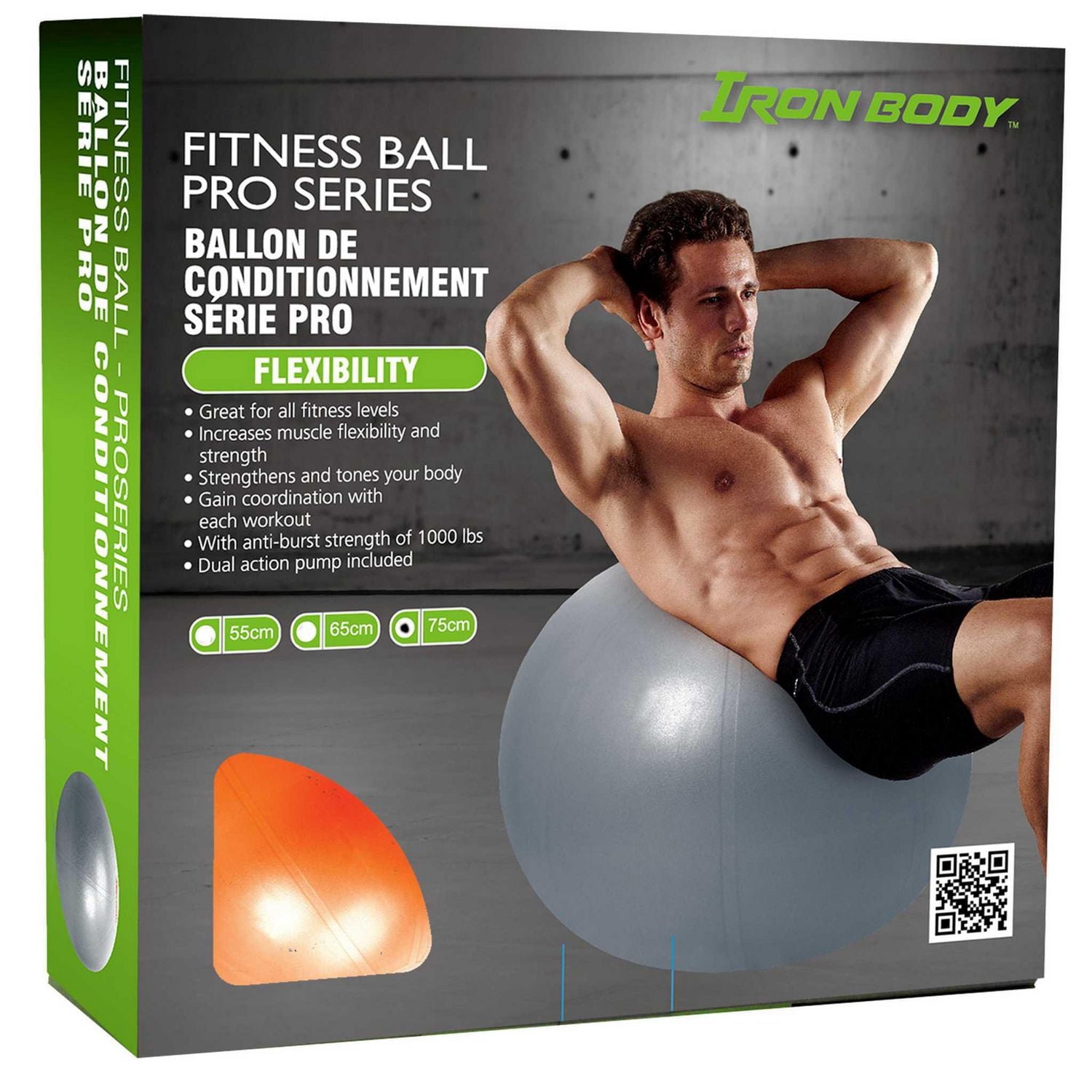 Iron Body Fitness Pro Series Stability Ball with Pump, Anti-Burst Exercise Ball