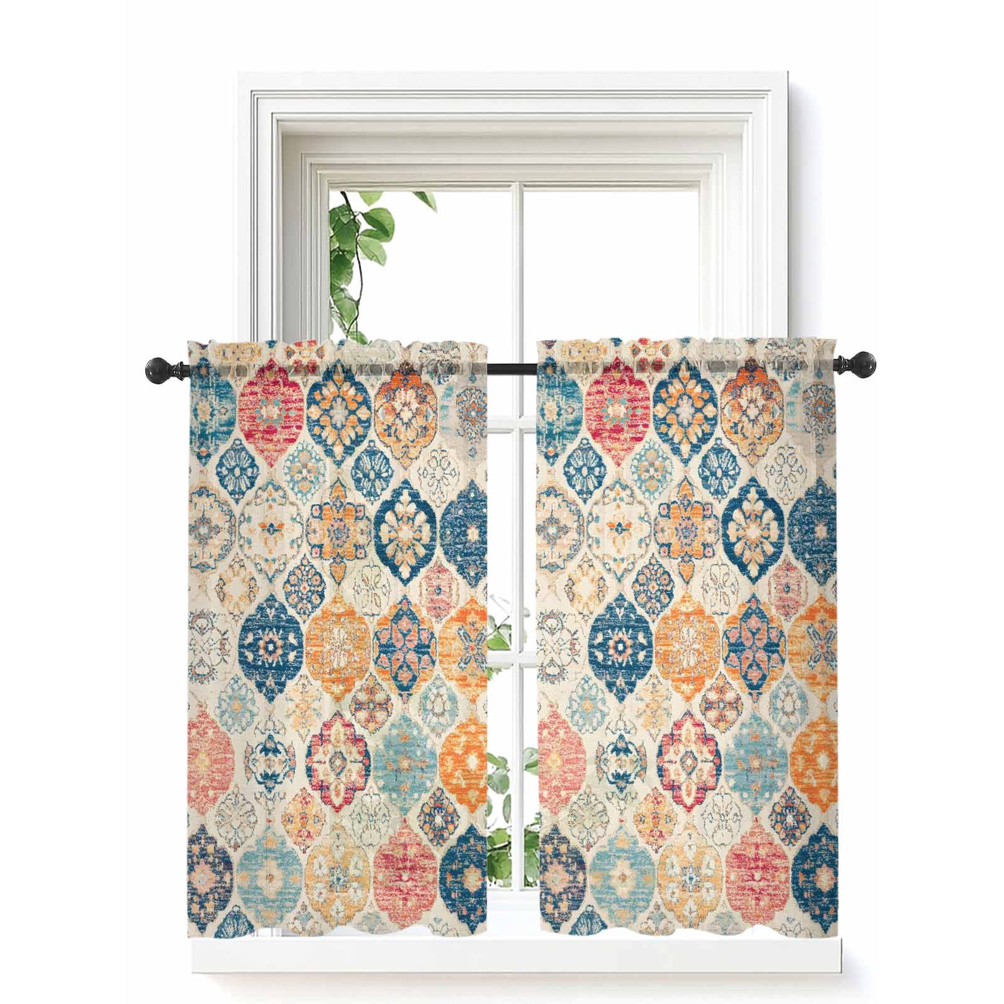 Boho Morocco Tier Curtains 45 Inch Length,Sheer Curtains for Bedroom Living Room Window Retro Farmhouse Ethnic Neutral Aesthetic Voile Drapes Kitchen Curtains Small Half Window 27.5"x45" 2 Panels