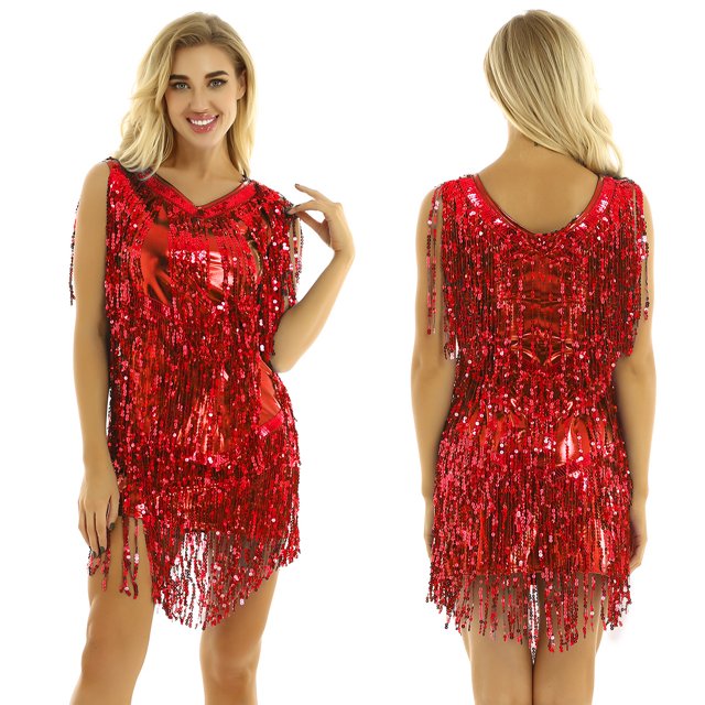 TiaoBug Robe Sans Manches à Col en V pour Femmes Robe à Sequins Brillants à Franges Robe Samba Latin Tango Rouge X