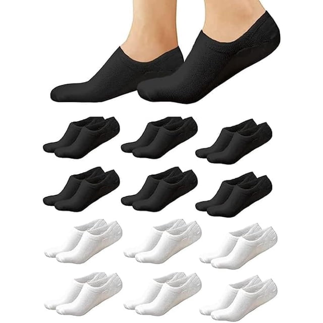 calcetines invisibles para hombre y mujer,12pares: doce pares de calcetas deportivas bajas en negro y blanco, disposición en filas; corte invisible con malla superior transpirable, talón con líneas de gel antideslizantes de silicona y puntera reforzada para reducir agujeros, ideales para zapatillas y uso diario.