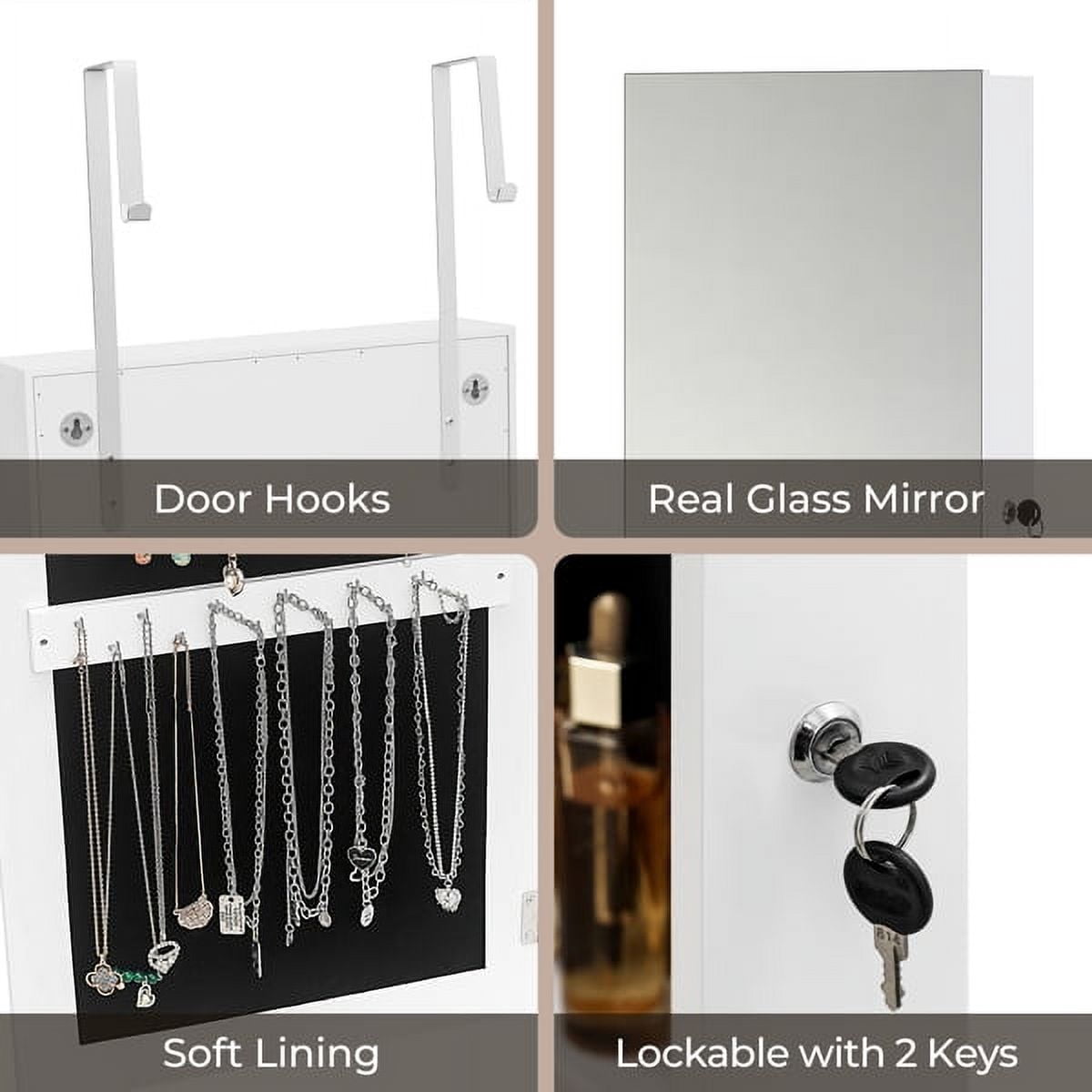 Whole Surface PVC Film Wall-Mounted Jewelry Cabinet With Mirror & Lock Large Storage For Accessories White