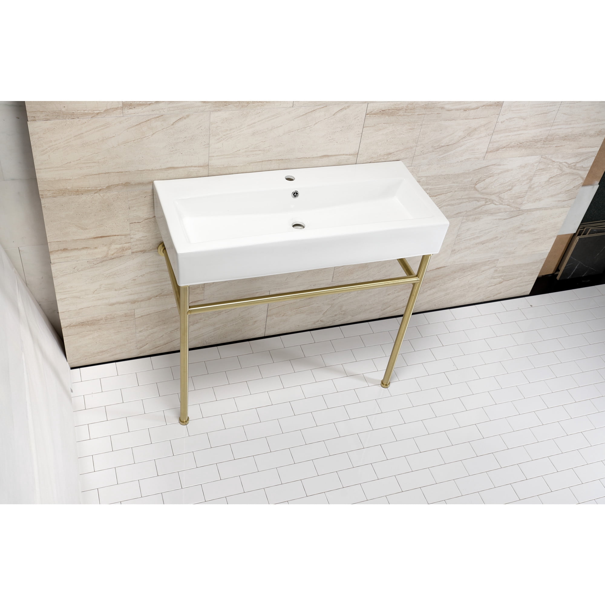 Kingston Brass VPB39177ST New Haven 39" Porcelain Console Sink with Stainless Steel Legs (1-Hole), White/Brushed Brass