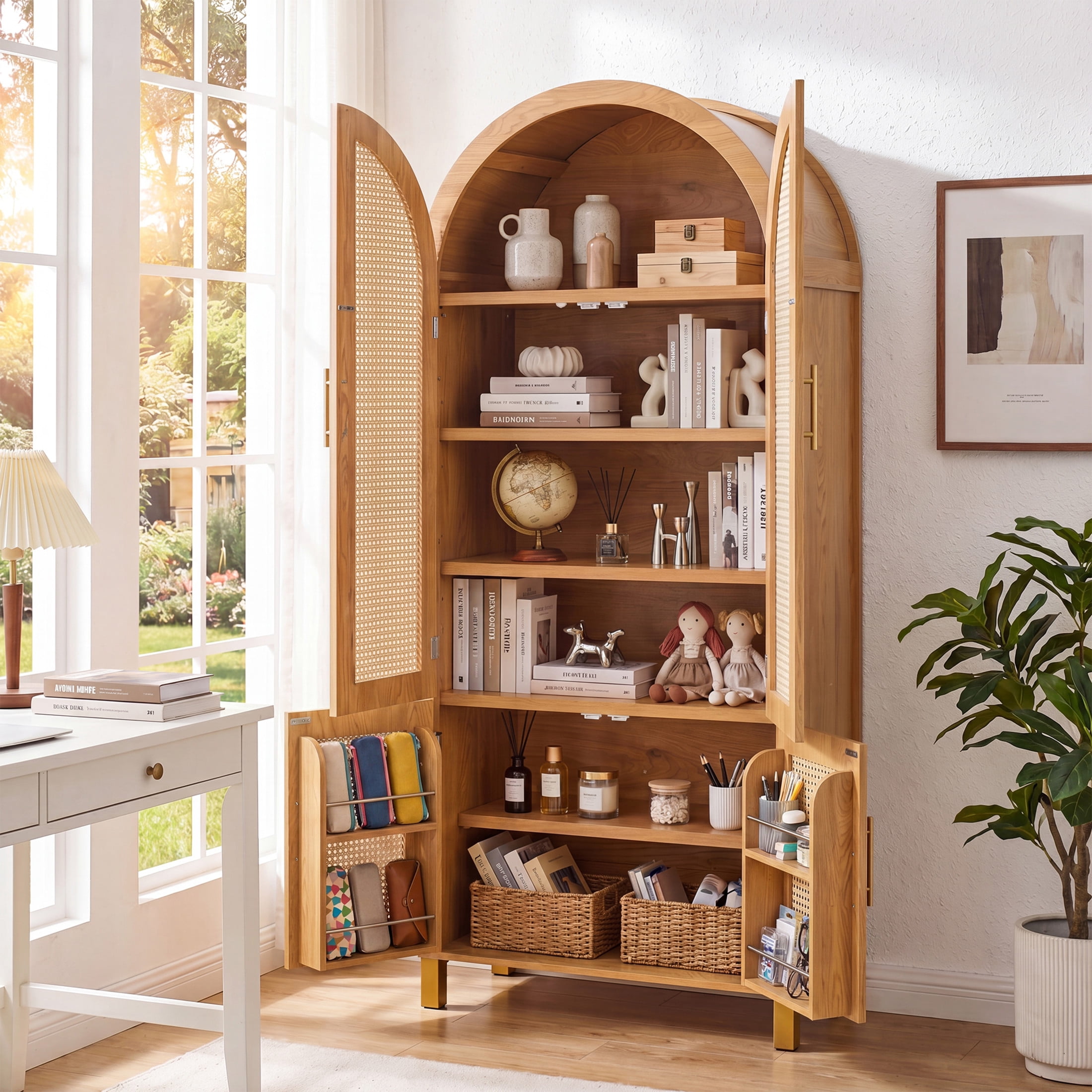 Noble House 71" Farmhouse Arched Storage Cabinet with Rattan Doors, Adjustable Shelves, Oak