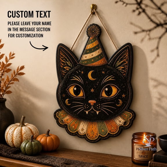 Wooden Door Hanger Black Cat Halloween Wood Front Door Decor for Vintage Holiday Homes