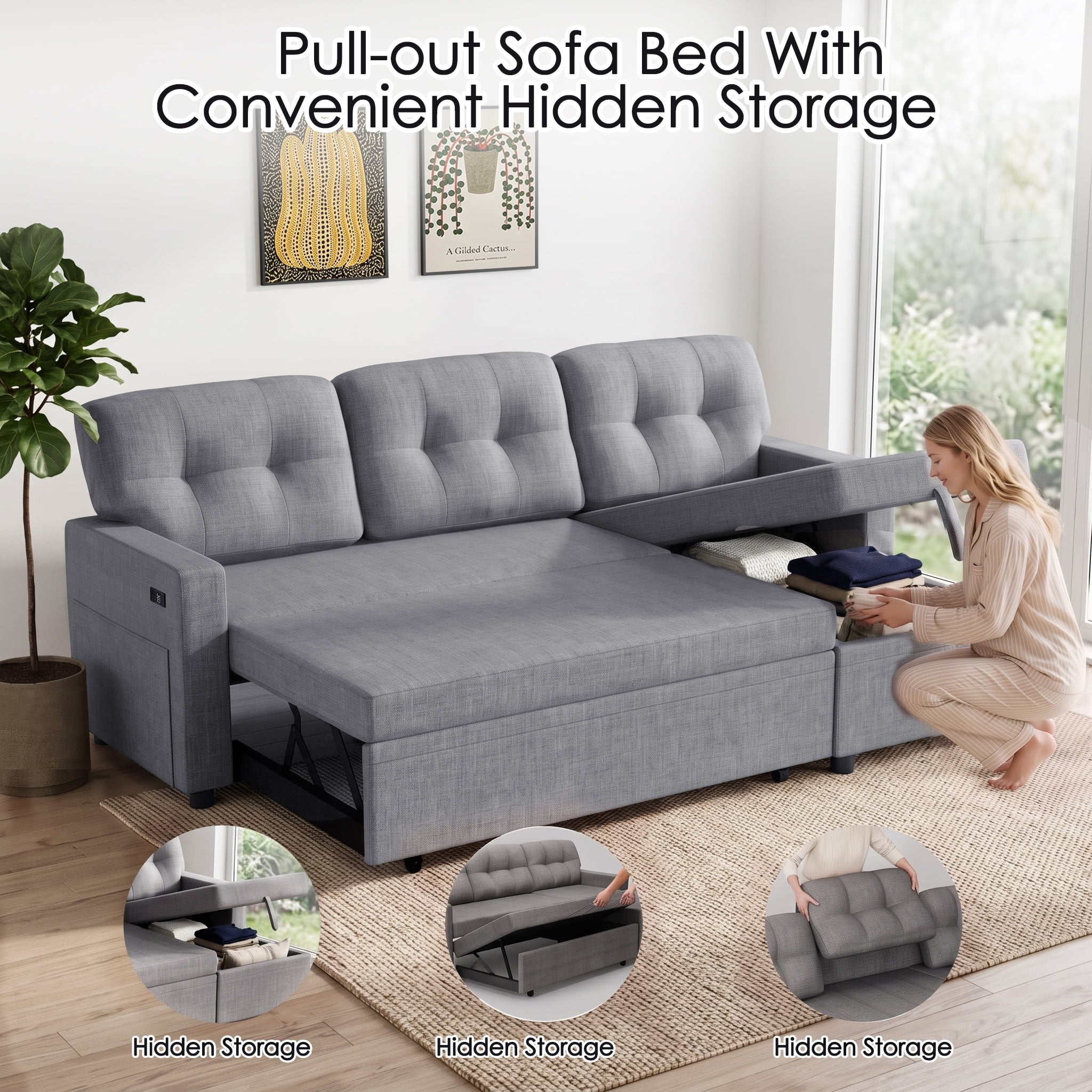 avobird 82" L Shaped Sleeper Sofa Bed, 3-Seat Convertible Sectional Couches with Storage Chaise, Linen Fabric Pull Out Couch for Living Rooms, Apartment, Light Gray