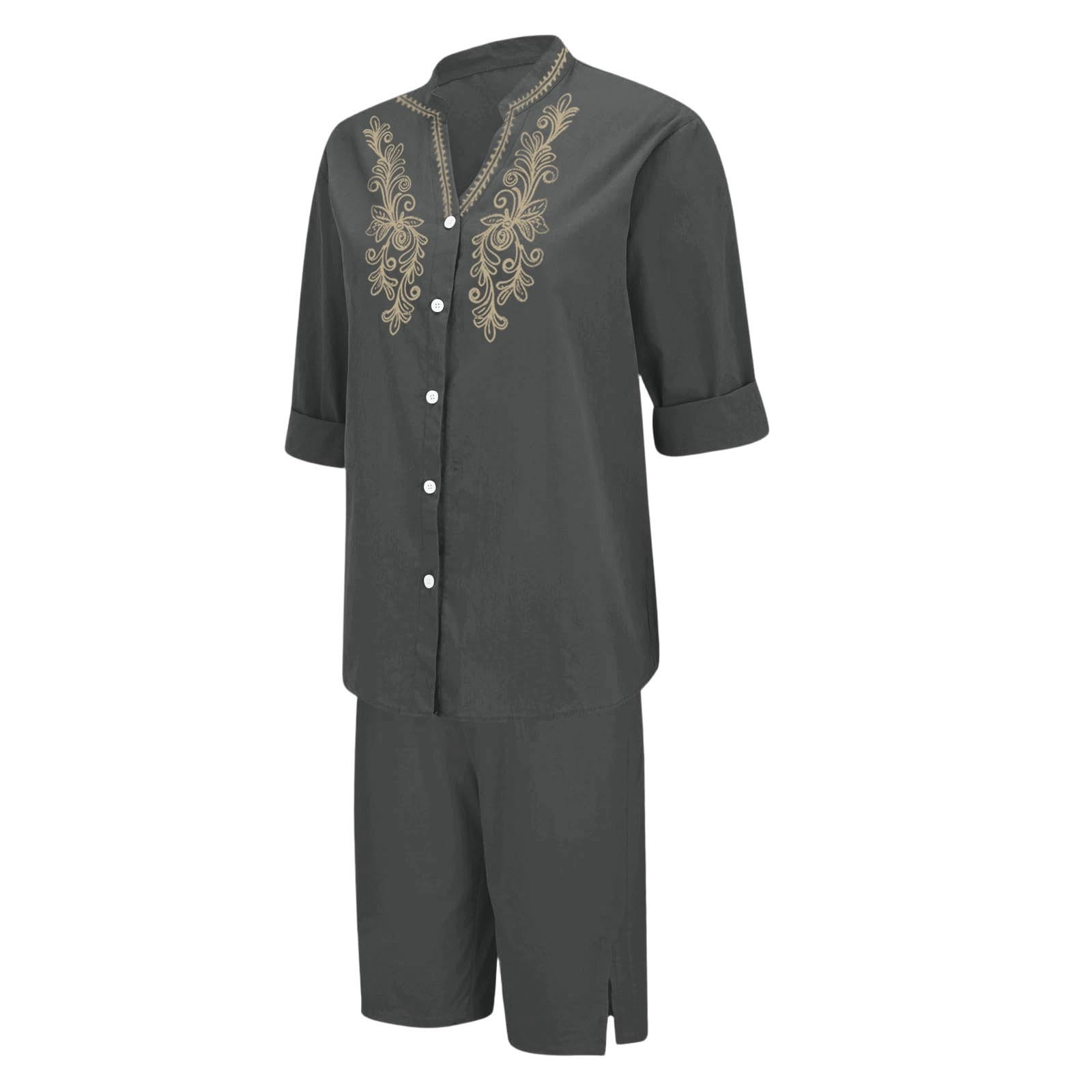 Womens 2 Piece Outfits Short Sleeve Cotton Linen Embroidered Shirts Wide Leg Capri Pants Matching Sets