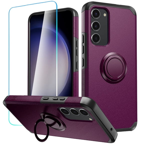 Shockproof Air Cushion Hybrid Case with Ring Grip and Tempered Glass Screen Protector for Samsung Galaxy S23 FE - Purple