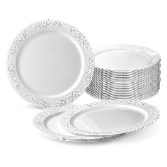 " OCCASIONS " 120 Plates Pack, Vintage Style, Disposable Wedding Party Plastic Plates (10.25'' Dinner Plate, Portofino Plain White)