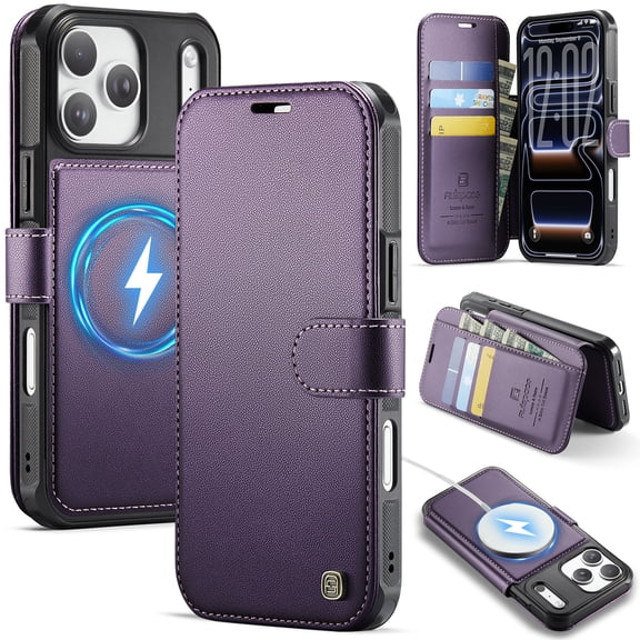 Dteck Magnetic Wallet Case for iPhone 17 Pro, Shockproof Leather TPU Card Slots RFID Blocking Case Compatible with Mag Safe Kickstand Flip Cover , Purple