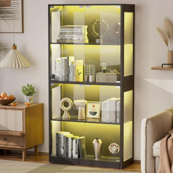 Haverchair 65" Display Cabinet with Glass Doors, 4 Tier Curio Cabinet with 12 Color Lights, Glass Display Cabinets for Collectibles, Toys and Books, High Display Case with 3 Shelves for Home