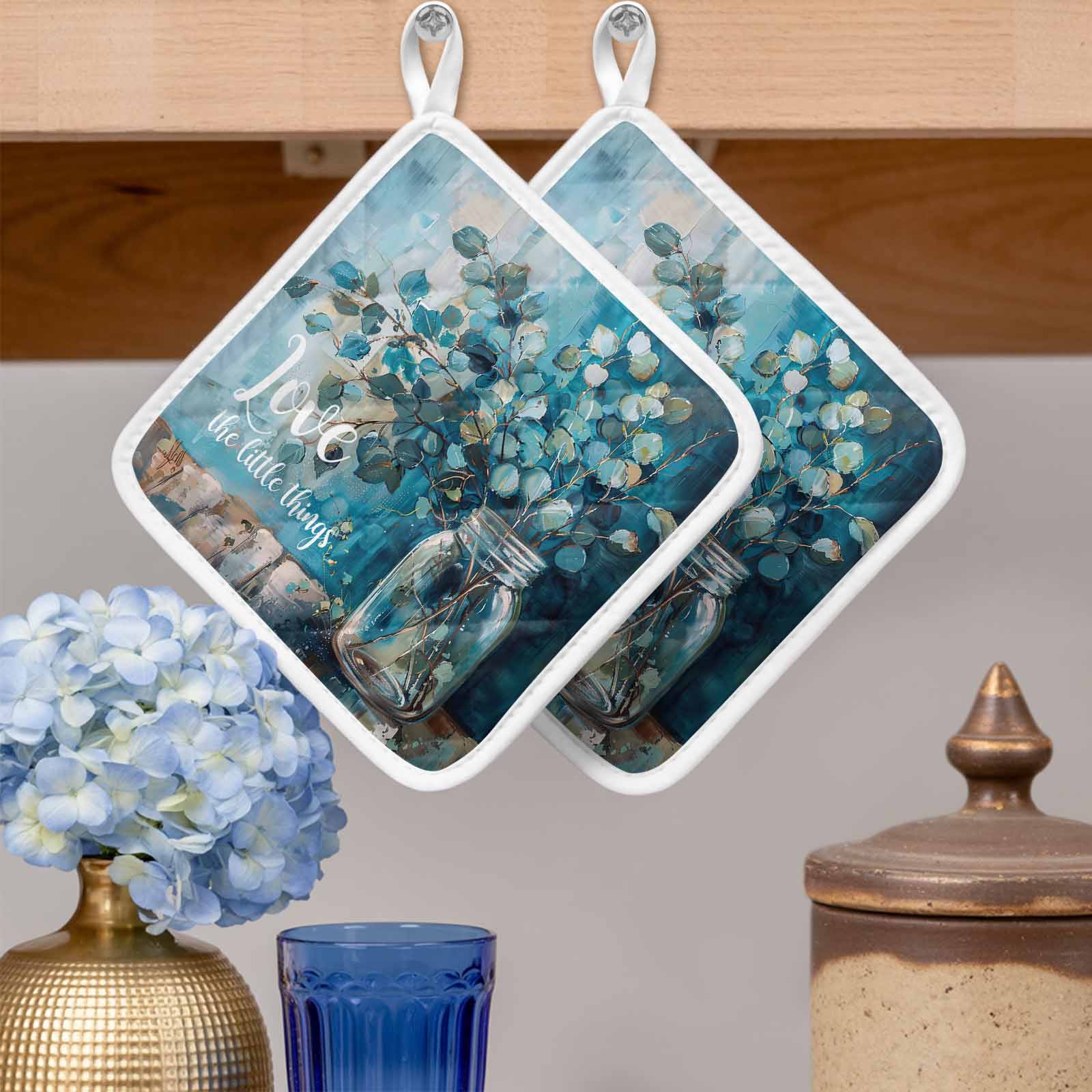 Blue Teal Spring Floral Pot Holders for Kitchen Heatproof Potholder, 5 Pack Modern Botanical Oil Painting Art Hot Pads Multipurpose Oven Pads Cloth Potholders Trivet for Cooking Baking