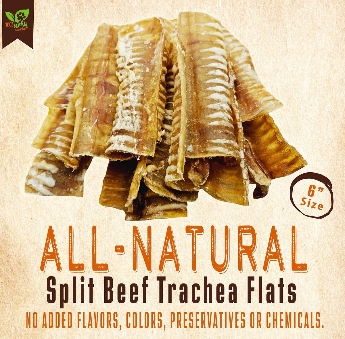 6" Split Beef Trachea Flats Dog Treats, 60 count