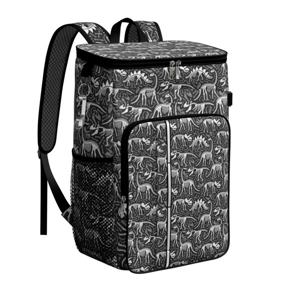 Travel Cooler Bag - Black Cartoon Dinosaurs Fossils Pattern Camping Beer Cooler Backpack with Bottle Opener- Waterproof Insulated Picnic Backpacks - Cooler Bag for Beach