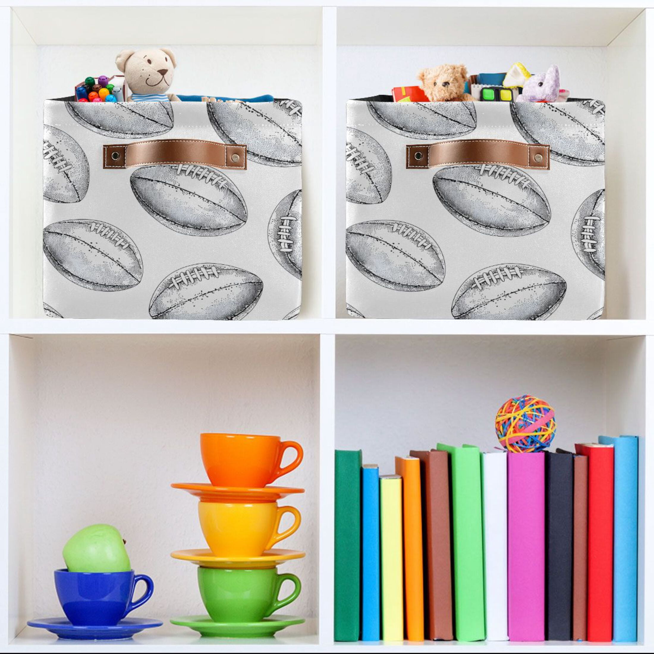 Ryvnso Retro Rugby Football Storage Basket Large Bin Foldable Boxes Toys Organizer 14.2x10.2x8.3in 2 PCs