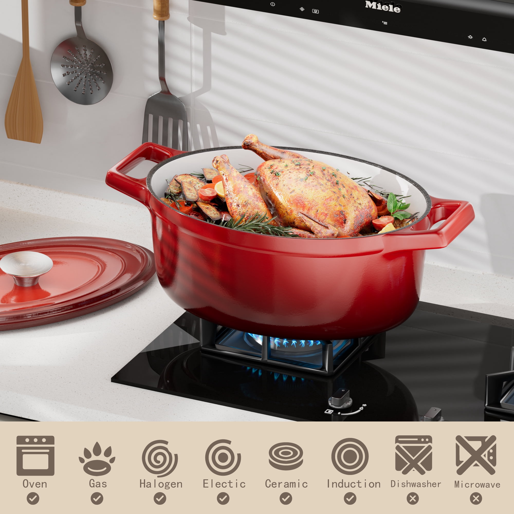 Ollieroo Dutch Oven, 4.5 Quart Cast Iron Dutch Oven, Enamelled Dutch Oven Pot with Lid, Dutch Oven for Bread Baking, Oval Dutch Oven for Baking,Roasting,Stewing,Grilling,Frying. Red