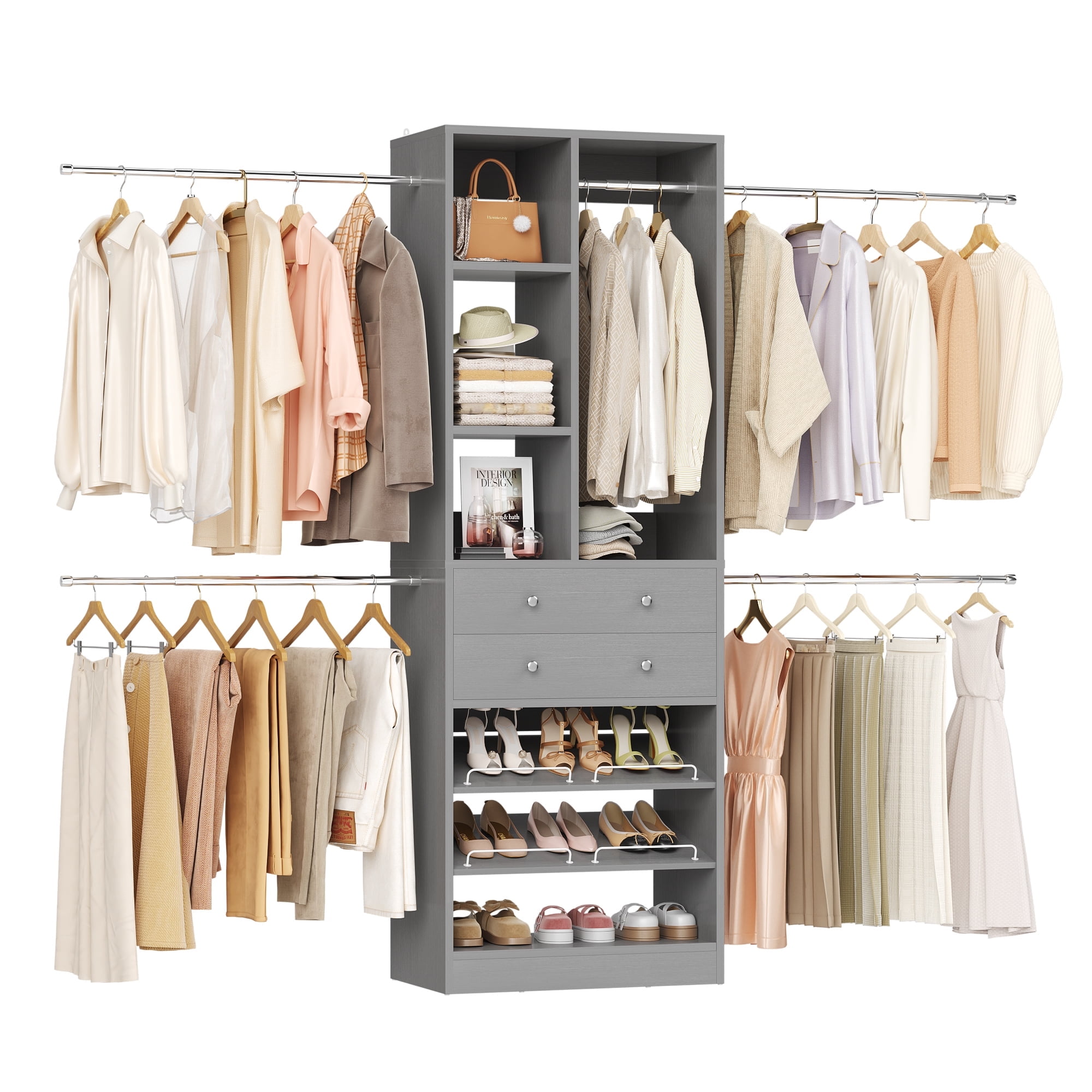 Homieasy Closet System, 2.4–8.8 FT Closet Organizer System with 2 Drawers, 5 Hanging Rods and Shoe Racks for Walk-in Closet, Bedroom, Gray