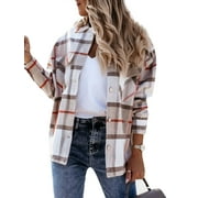 Lazybaby Women Long Sleeve Flannel Lapel Button Up Shirts Plaid Jacket Shacket Blouse