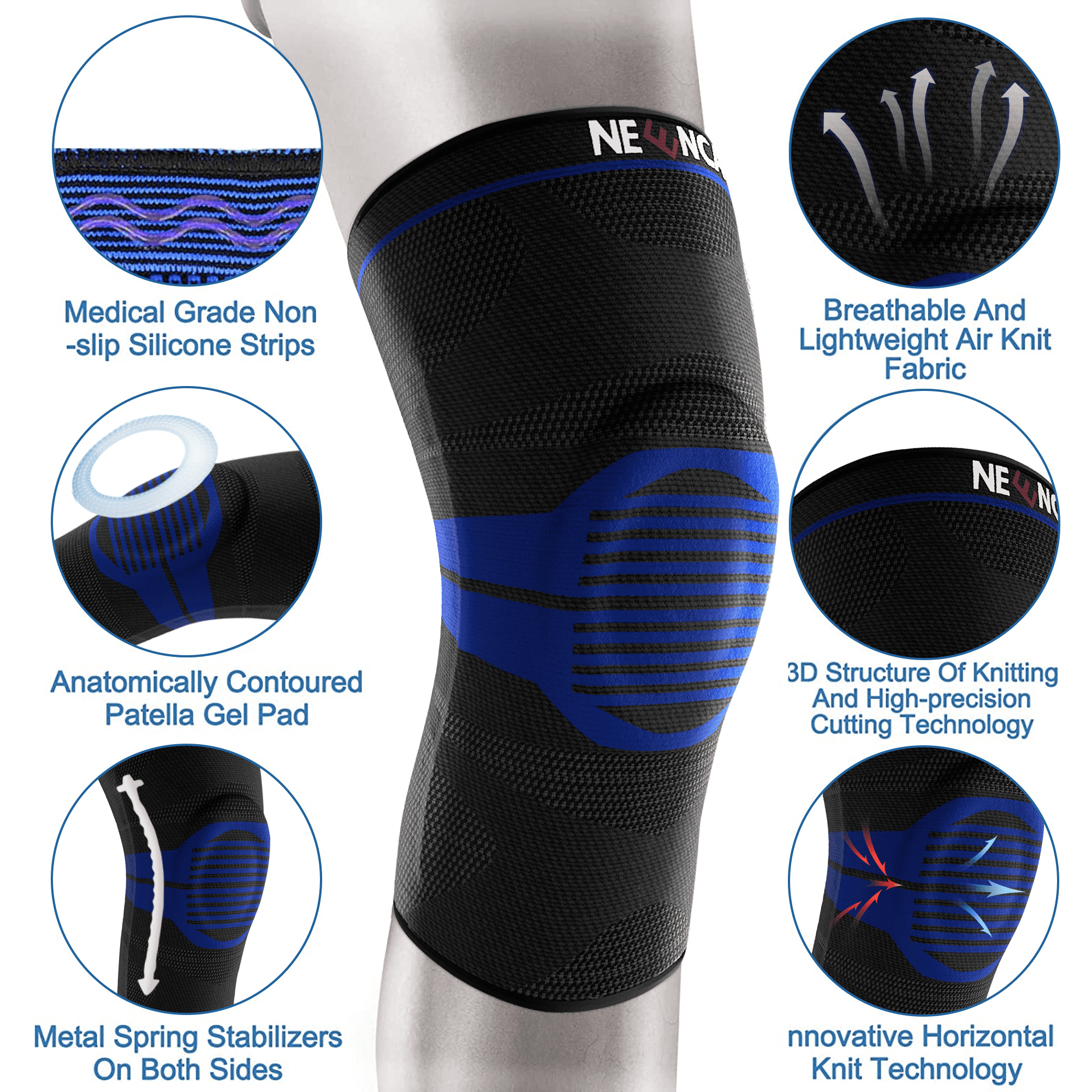 Neenca 2 Pcs Knee Brace for Men Women, Compression Knee Sleeve with Patella Gel Pad & Side Stabilizers, Knee Support Bandage for Pain Relief