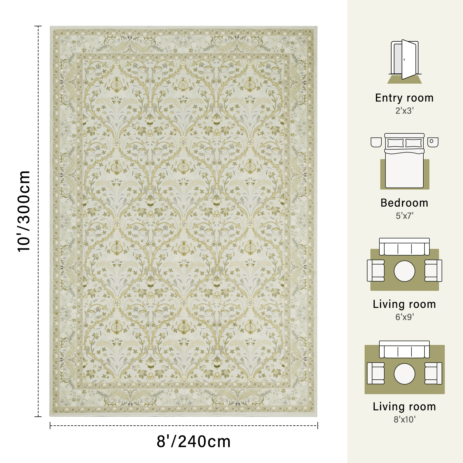 8x10 Area Rugs for Living Room, Washable Area Rugs with Non-Slip Backing, Boho Floral Vintage Carpets Low Pile for Dining Room, Bedroom, Home Office, Indoor, Nursery, Apartment.