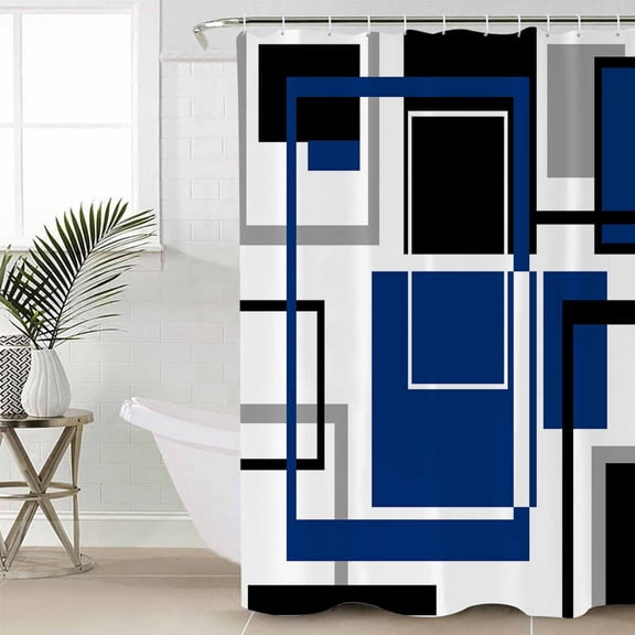 Blue Black Geometric Long Shower Curtain Set, Waterproof Shower Curtains for Bathroom, Modern Minimalist Abstract Stripes Washable Fabric Cloth Bath Curtain for Bathtub with Hooks 72x84 Inches