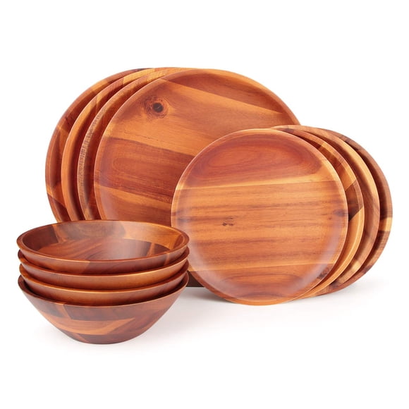 AIDEA Ensemble de Vaisselle en Bois 12 Pcs, Ensemble de Vaisselle en Bois d'Acacia, Ensemble de Vaisselle pour 4