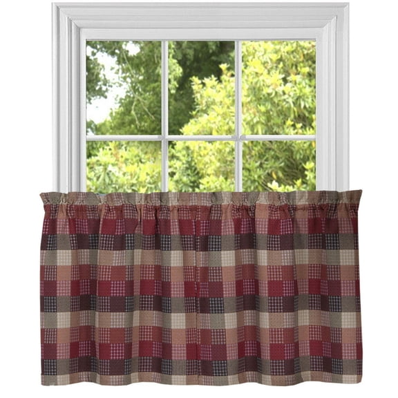 Kitchen Window Curtain Classic Harvard Checkered, Tiers or Valance Burgundy Size 24" Tier pair